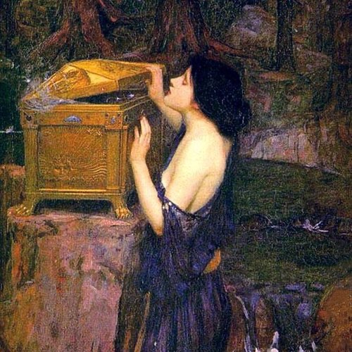 Pandora opening the box, from the painting by John William Waterhouse